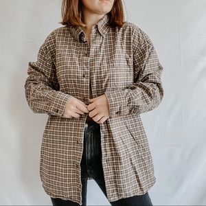 SOLD // BLUE MOUNTAIN // Blue Brown Plaid Oversized Button Down flannel Top Sz L
